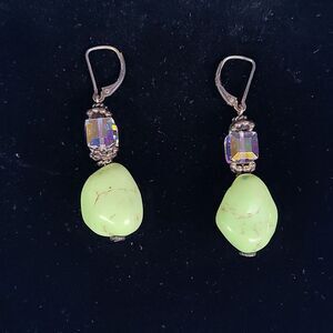 Green Stone Earrings with Iridescent Beads